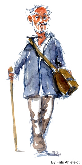 Old pilgrim man with stick. Watercolor