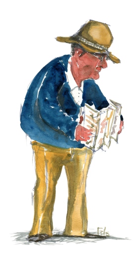 Old tourist reading a map. Watercolor