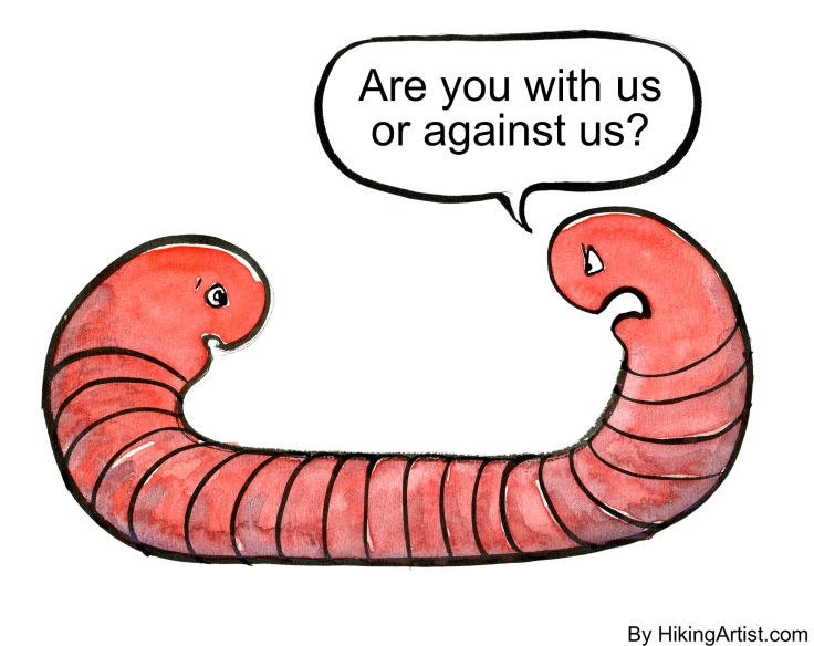illustration of a worm with two heads, that ask the other head if its for or against us