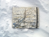 Tracks in my moleskine in the snow, watercolors, snow and ice