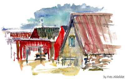 Snogebaek, fishing village, Bornholm, Denmark. Watercolor