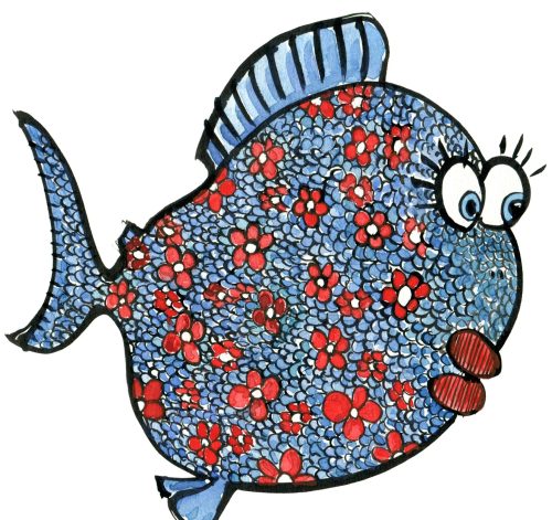 Drawing of a blue fish with red Flowers