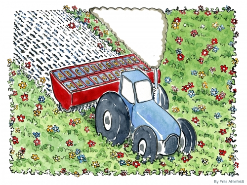 Drawing of a tractor planting words in a meadow