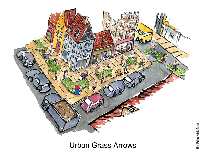 Drawing of a city with green grass arrows on the sidewalk