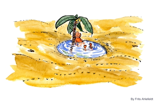 drawing of an water pool in a desert