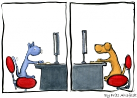illustration of a cat and dog on computers