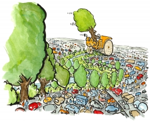 Drawing of the construction of a green corridor, by a tree
