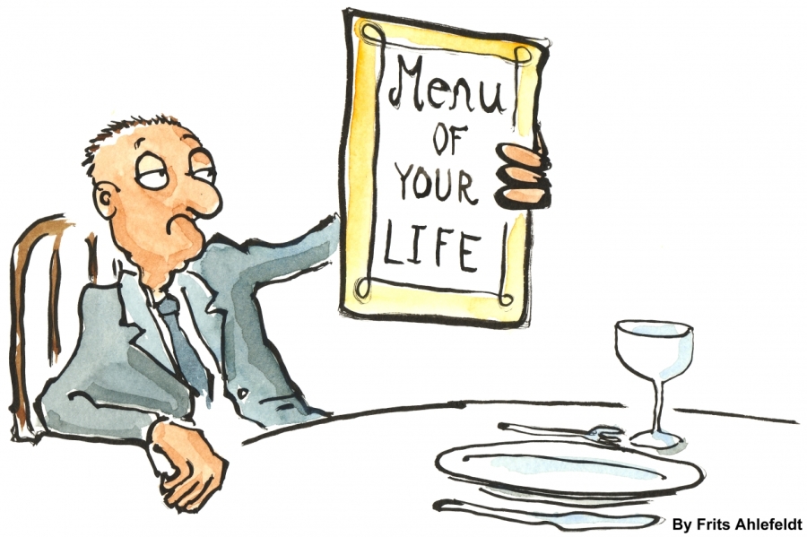 Illustration of a man sitting looking tired at the menu of life