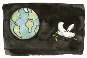 illustration of a dove with a leaf in its peak, in space heading for Earth