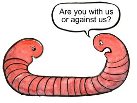 illustration of two headed worm in conflict with itself