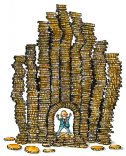 Drawing of a man surrounded by money