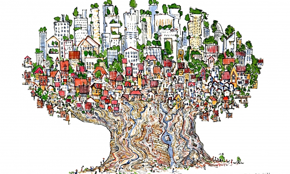 Drawing of a city in a tree