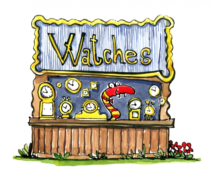 Drawing of a snake in a shop with watches