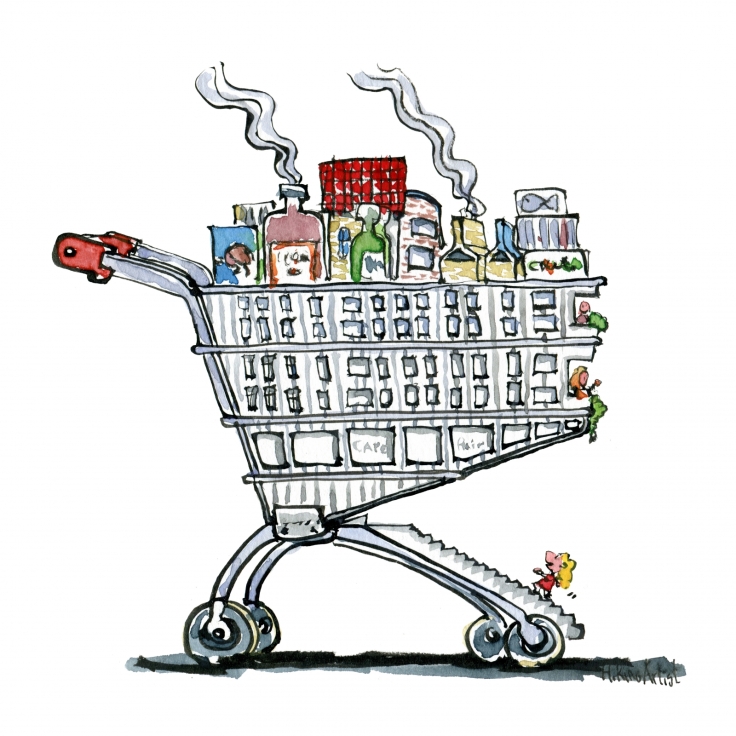 drawing of a town designed as a shopping trolley 