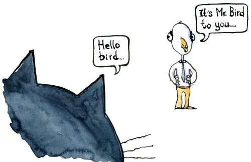 Drawing of a cat saying "hello bird" and the bird say "its mr. bird"