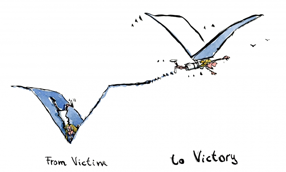 drawing of a girl falling into a V formed hole, flying away on a V formed kite in the next image