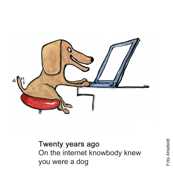 Drawing of a dog in front of a computer