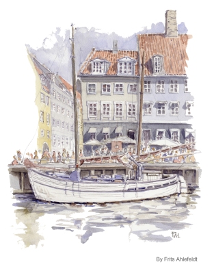 Blue white Copenhagen Watercolor painting by Frits Ahlefeldt, ship in Copenhagen,