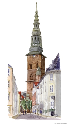Church in Central København, Copenhagen Watercolor painting by Frits Ahlefeldt