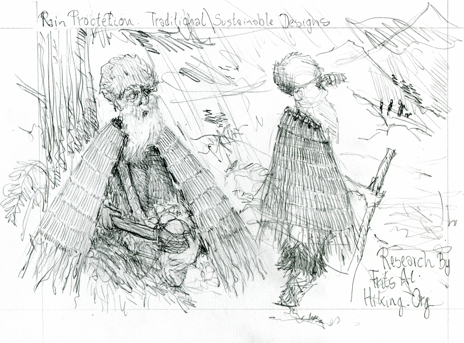 Ancient prehistoric man in eco rain garment Research sketch by Frits Ahlefeldt