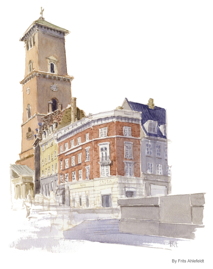 Old City square with the central church. Copenhagen Watercolor painting by Frits Ahlefeldt