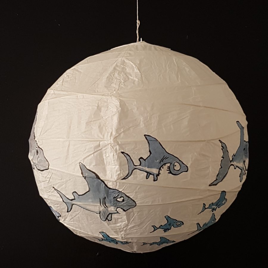 Shark personalities drawing by Frits Ahlefeldt. Artwork on rice paper lamp.