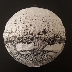 Painting of trees with roots on rice paper lamp. Artwork by Frits Ahlefeldt