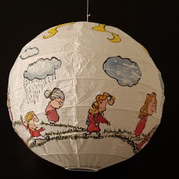 Drawing of red shirt woman walking from baby to old age around a rice paper lamp. Artwork by Frits Ahlefeldt