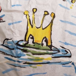 Painting of frog with crown waiting for a princess. Artwork by Frits Ahlefeldt. On rice paper lamp