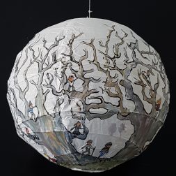 Trees and hikers Illustration in ink and watercolor on sphere lamp