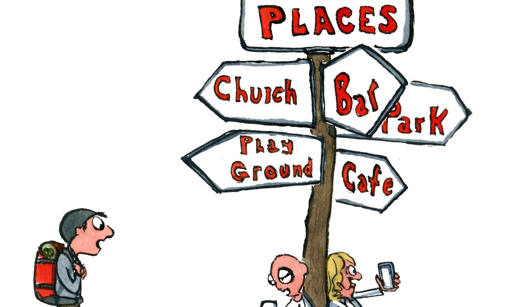 Drawing of a local place sign with church, bar, park cafe etc. and two people sitting under it with smartphones and a hiker watching. Illustration by Frits Ahlefeldt
