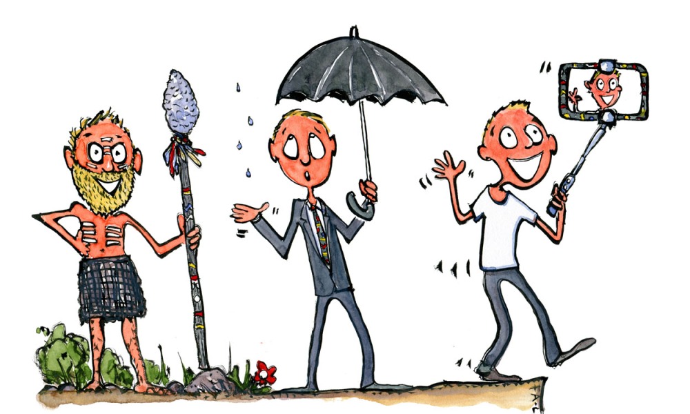 Drawing of a man with beard and spear, to a businessman with umbrella, to a selfie taking modern man. illustration by Frits Ahlefeldt