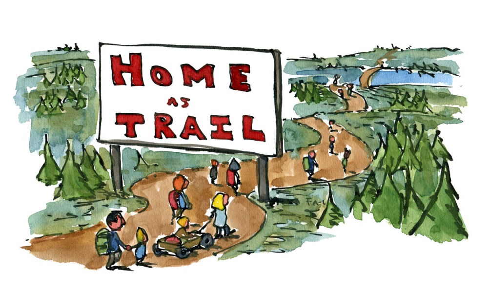 illustration of people walking under a sign that writes "home as trail" Drawing by