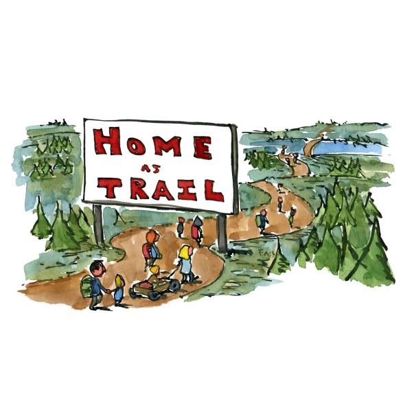 illustration of people walking under a sign that writes "home as trail" Drawing by
