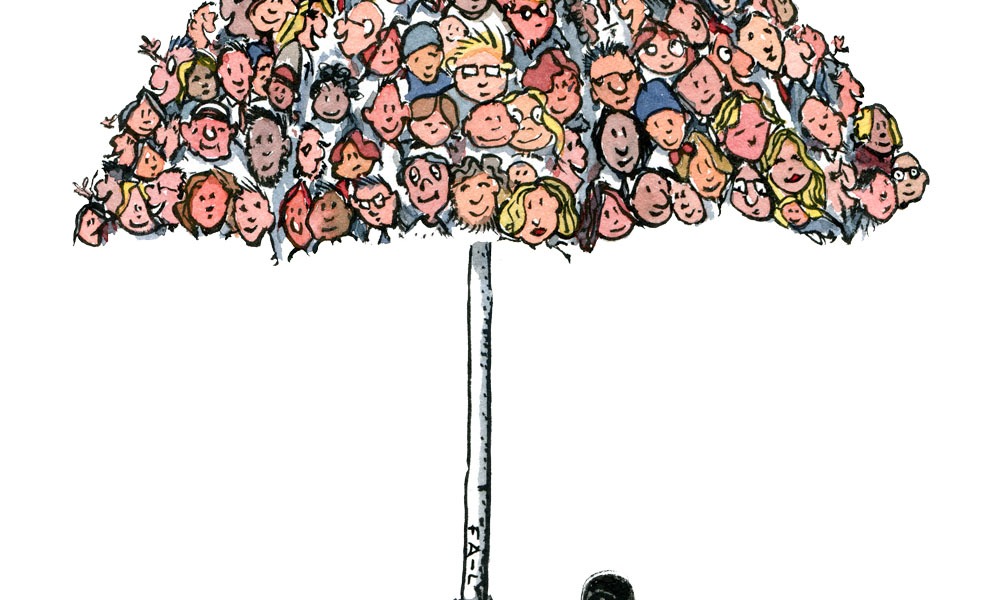 Drawing of an umbrella with faces on it. Illustration by Frits Ahlefeldt