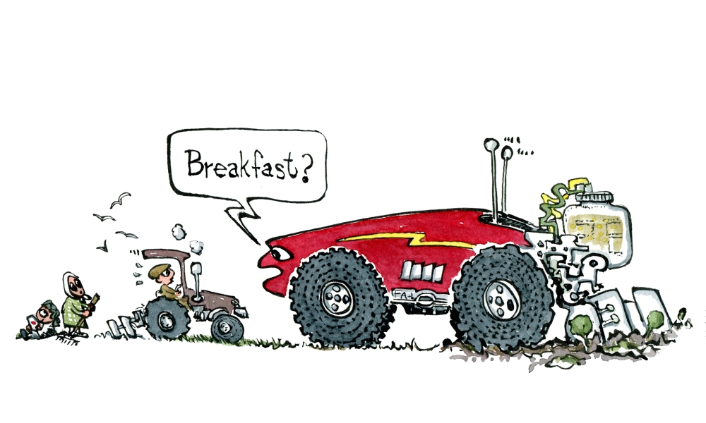Drawing of a huge self driving automatic, intelligent farming machine asking small traditional tractor "breakfast?" Illustration by Frits ahlefeldt