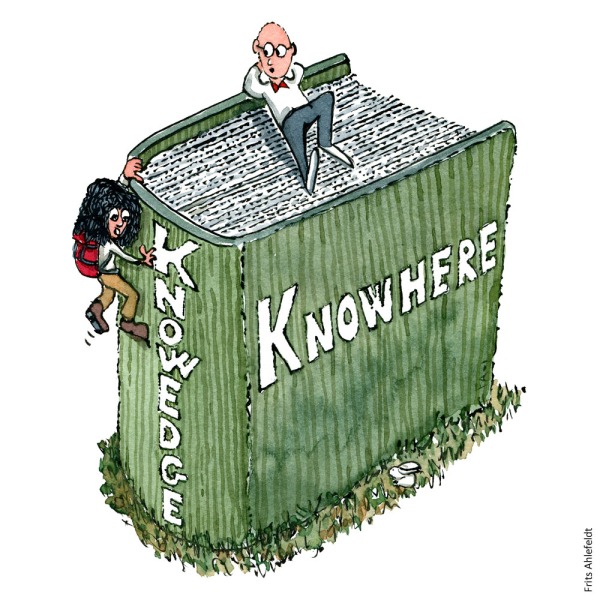 Drawing of a man sitting on top of a thick book with the title "knowhere" and a woman with backpack climbing the edge where the title is "knowedge". Illustration by Frits Ahlefeldt