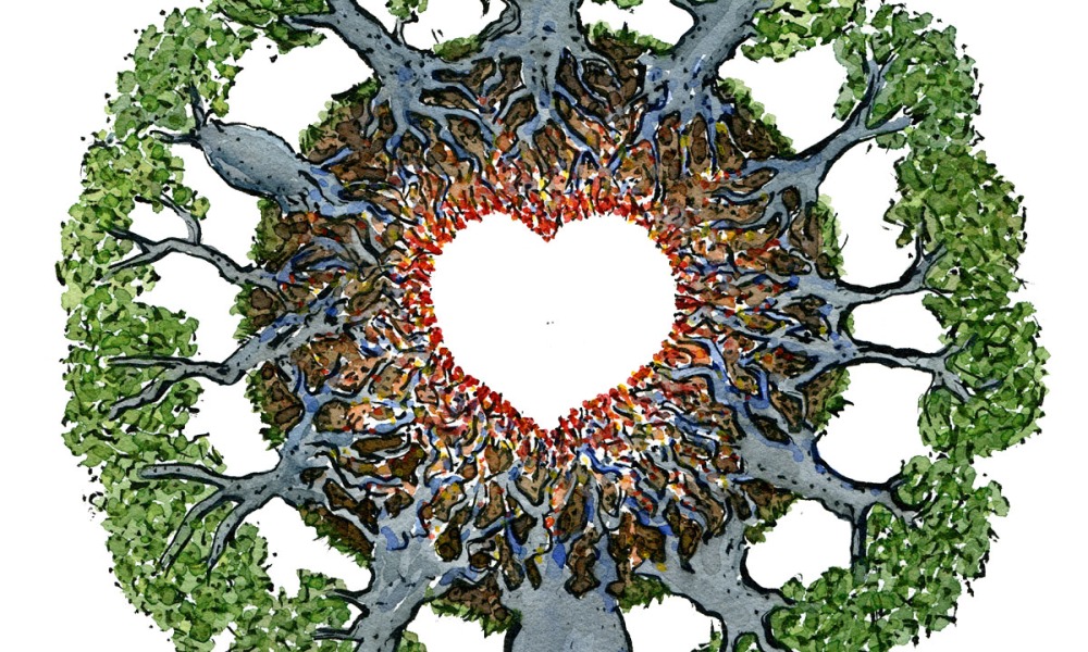 Drawing of a circle of trees with the roots going together and forming a heart. Illustration by Frits Ahlefeldt