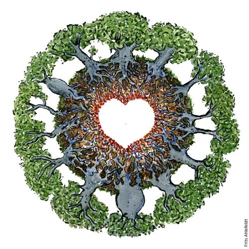 Drawing of a circle of trees with the roots going together and forming a heart. Illustration by Frits Ahlefeldt