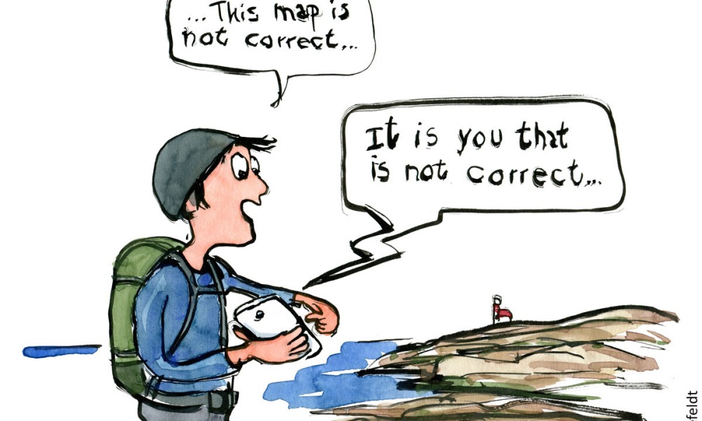 Cartoon: Hiker with phone saying "This map is not correct" Phone answer "It is you that is not correct" Hiking cartoon and drawing by Frits Ahlefeldt